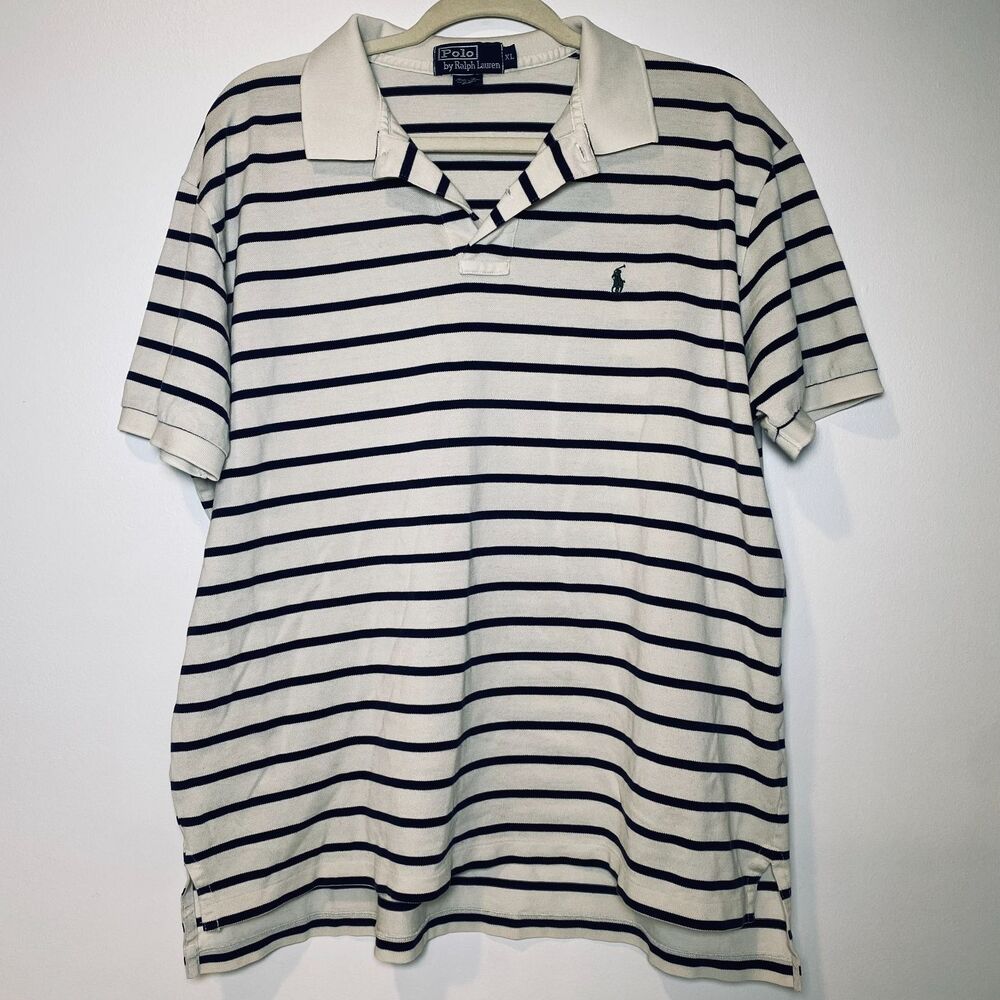 VTG 90s Preppy Polo Ralph Lauren 100% Pima Cotton Ivory Navy Striped Shirt XL